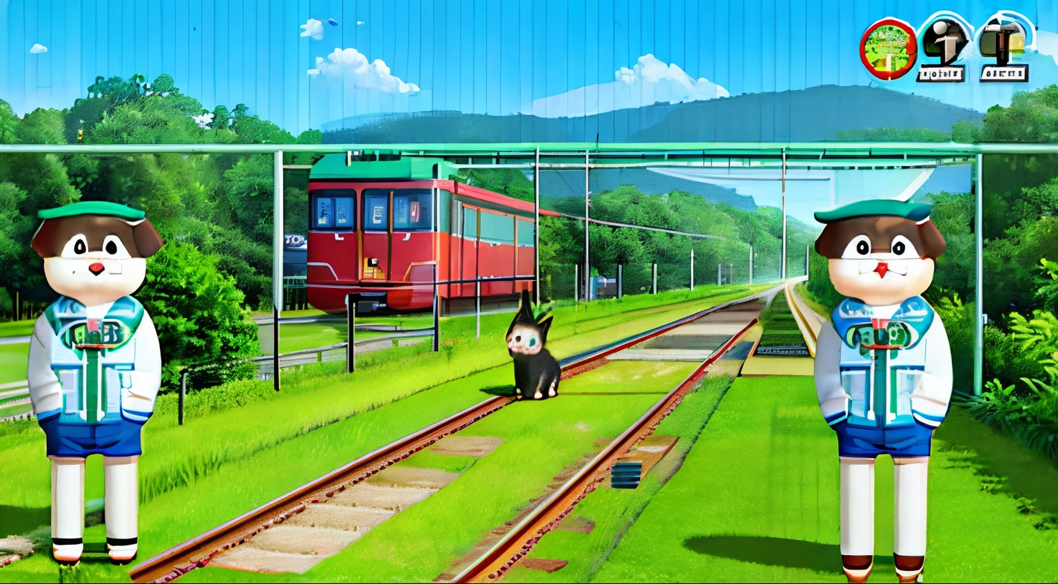 train characters, eine Katze, and a dog in the field, with cry engine, trains, trains in the background, 人物, On jungle forest train tracks, Home Star Runner-up, Gumball Watson, The wonderful world of chewing gum, The engine of crying, Still, the wallpaper!, Casual game, 8K illustration