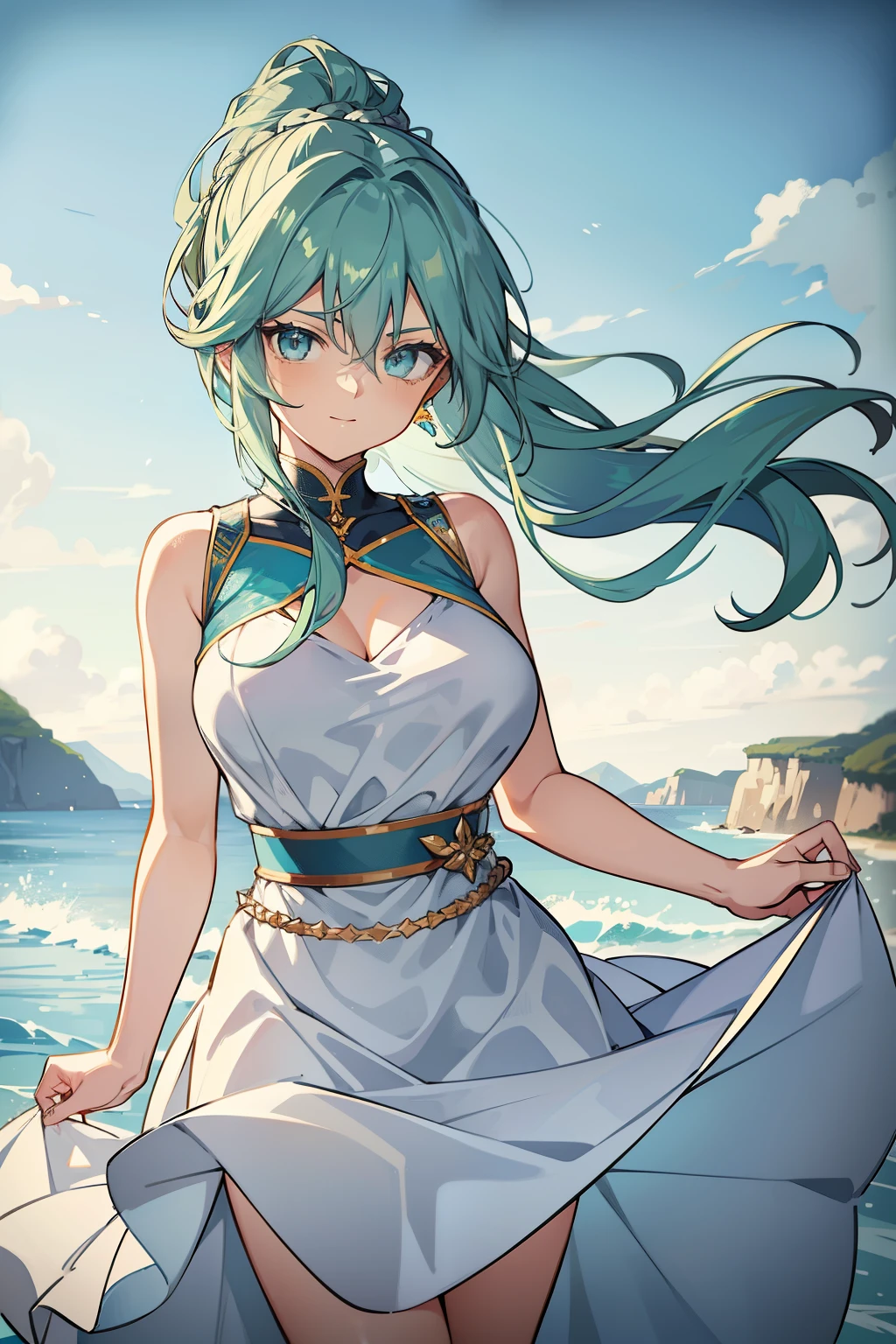 (high-quality, breathtaking),(expressive eyes, perfect face) 1girl, female, solo, young adult , light blue hair, green coloured eyes, stylised hairstyle, gentle smile, medium length hair, loose hair, side bangs, curley hair, really spiky hair, spiked up hair, ponytail, braid, looking at viewer, portrait, ancient greek clothes, blue tunic, white Chlamys, white dress, sleeveless, greek, blue and gold sash, ocean background, laurel in hair, C cup size breasts