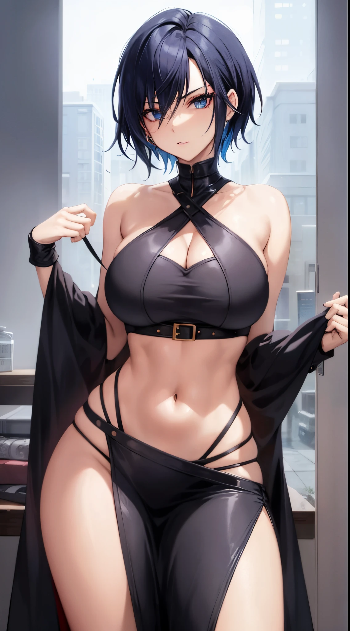 1 woman, milf, tomboy, short hair, two colored hair, wearing double slit skirt and tube top, sorceress, mage, assassin, full body, aggressive, emo, edgy woman, mysterious, scary, horror, otherworld
(Elegant body), beauty majestic, milfication, large breasts, curvaceous but thin, (midriff), navel focus, slim hips, attractive thighs, skinny legs, navel, cleavage, legs apart