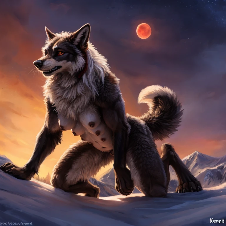 illustration perfect beaut 21 years length portrait photorealistic beautiful sexy athletic female werecanid on hill, snow snowfall, is on all fours presenting pussy spread legs suggestive pose wide angles dynamic angle, red moon, highly detailed hdr photo uhd high detail, detailed erect canine pussy clear visible, erect big huge multi nipple, multi breast, withe beautiful fluffy detailed fur, 5 fingers, beautiful red eye, beautiful defined face, long white hair with adult braids, beautiful defined legs and arms, defined muscles, sharp claws and teeth, beautiful fluffy big tail, Hyperrealistic, ultradetailed, Bodybuilder, by Kenket foxovh