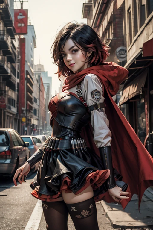 (masterpiece, best quality:1.2), solo, 1girl, mistralrose, smile, looking at viewer, t-shirt, skirt, pantyhose, red cape, thighhighs cyberpunk city background