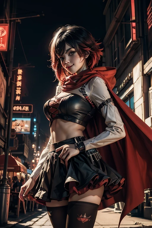 (masterpiece, best quality:1.2), solo, 1girl, mistralrose, smile, looking at viewer, t-shirt, skirt, pantyhose, red cape, thighhighs cyberpunk city background