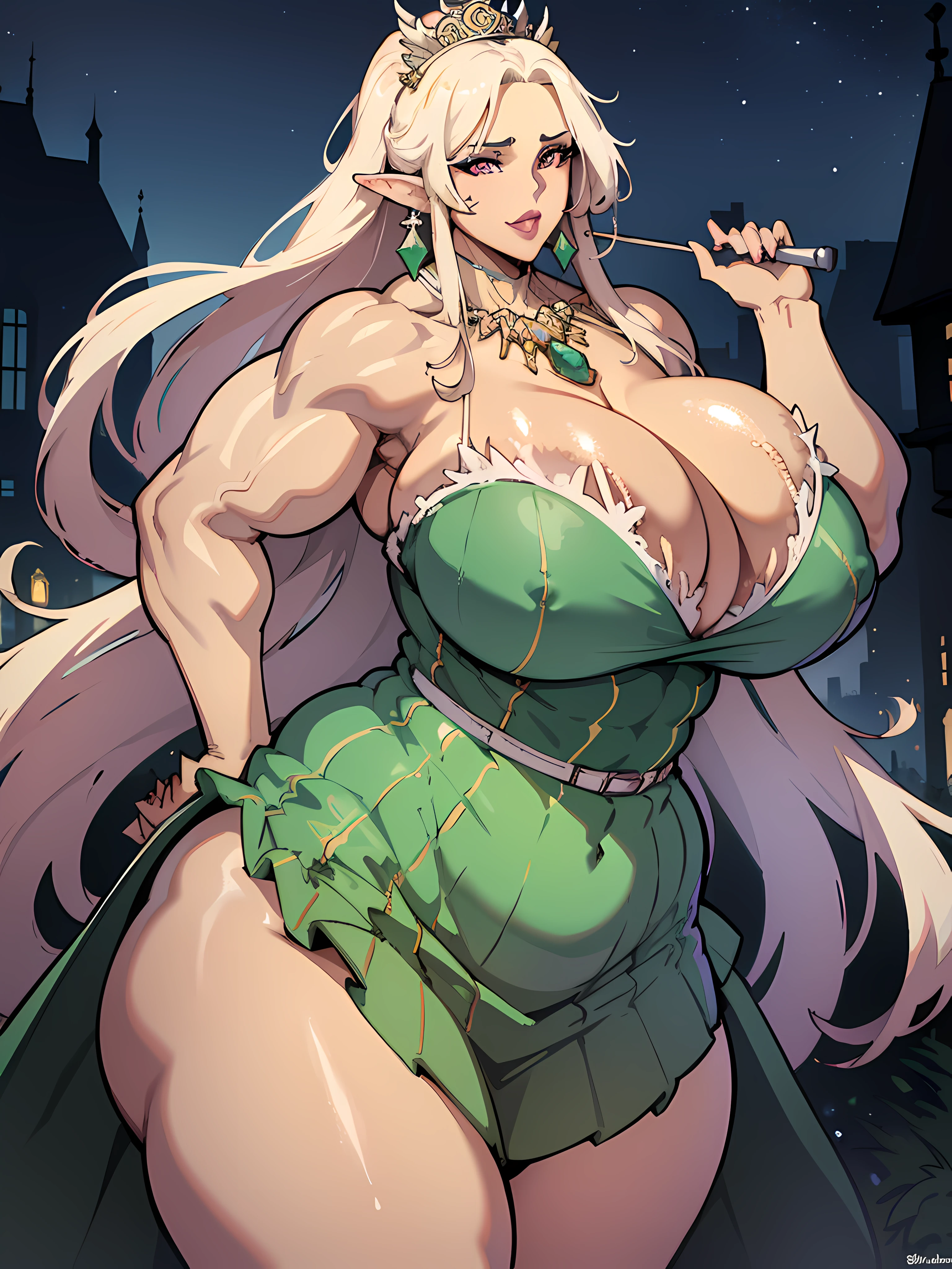 NSFW (en anglais seulement), , (((corps parfait))), jeune Reine Elfe, with her lovely husband, (missionary postextured breasts, puffy lips, pink lipstick liplondr)), cheveux longs, mascara, seins moyen, robe verte style fantaisy, Fittd revealing green dress accentuating her loose chest, circlet, joaillerie, boucle d'oreilles classe, Necklace of precious stones, Regard aimant, superbe face, vie nocturne, immense palais fantastique, Fantasy city in the background, (((((huge muscles)))))
