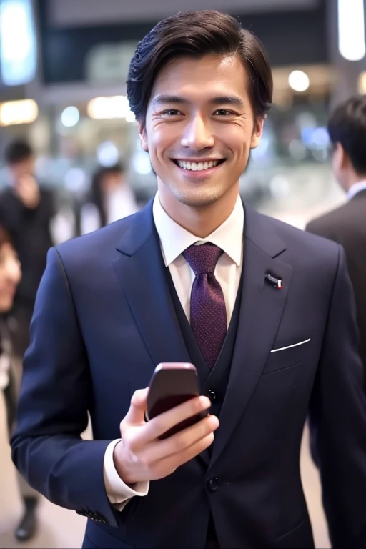 Handsome smiling man looking at smartphone x2,Japan 30-year-old male,I have a smartphone,wears a suit,2guys,chum