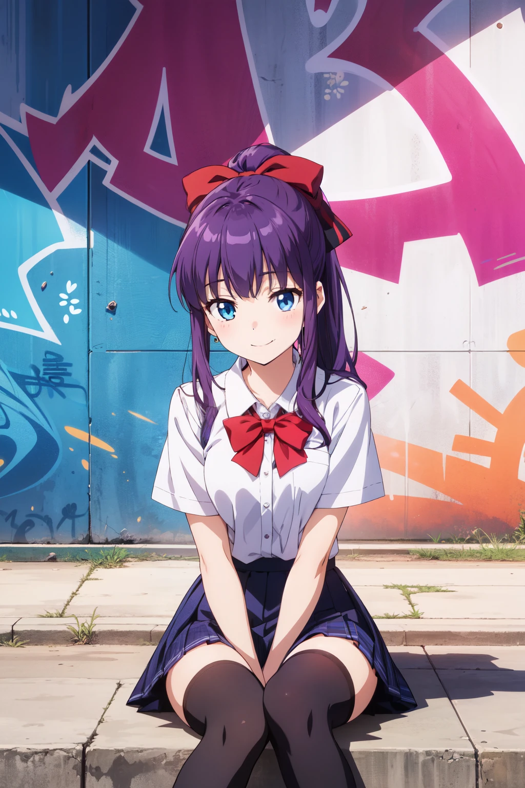 absurdres, highres, (official art, beautiful), ultra detail, takimoto hifumi, long hair, sitting, hold knees, blue eyes, ponytail, purple hair, hair bow, skirt, shirt, thighhighs, laugh, luminescence light effects, graffiti effects,