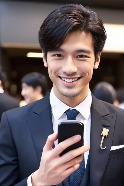 Handsome smiling man looking at smartphone x2,Japan 30-year-old male,I have a smartphone,wears a suit,2guys,close