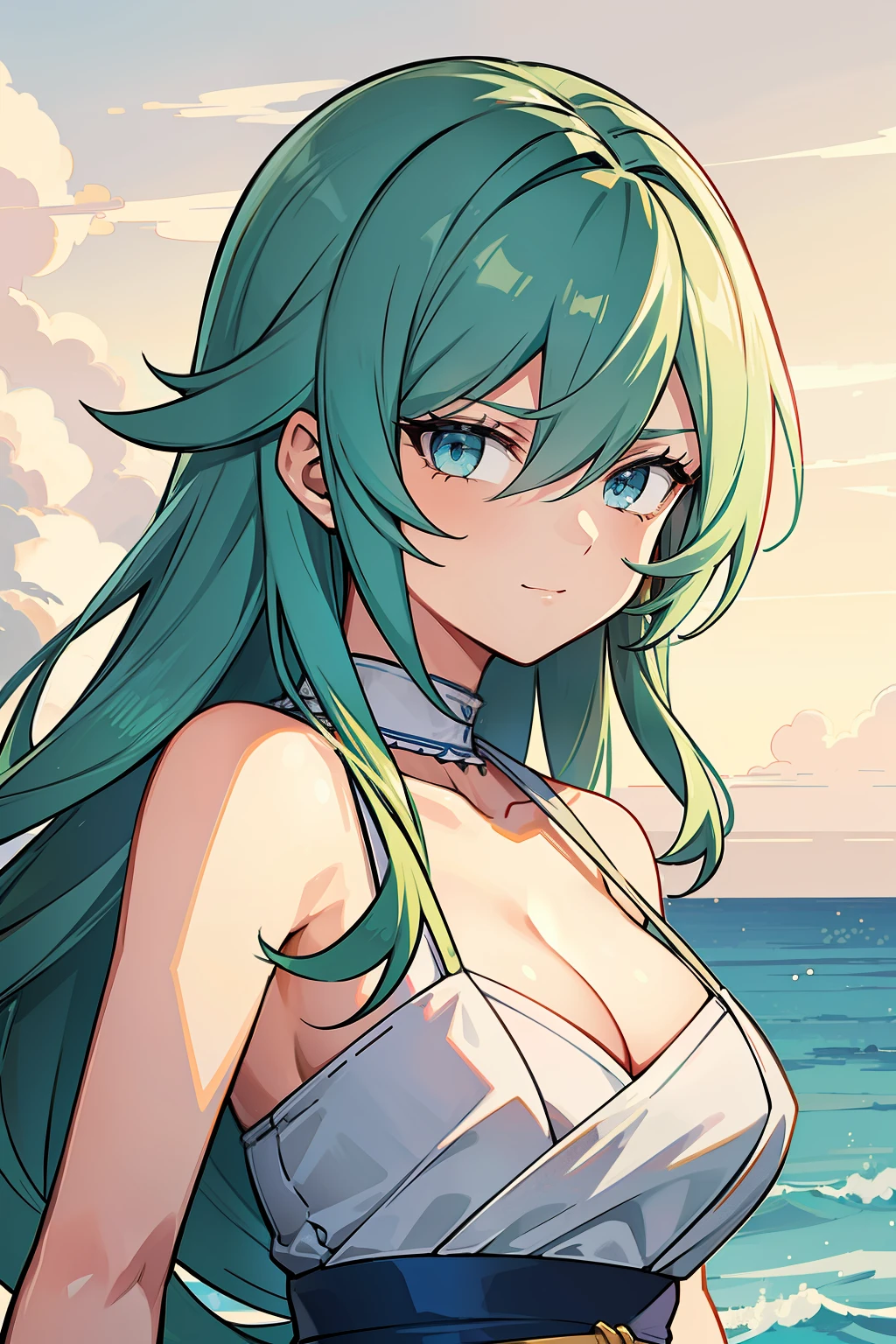 (high-quality, breathtaking),(expressive eyes, perfect face) 1girl, female, solo, young adult , light blue hair, green coloured eyes, stylised hair, gentle smile, long length hair, loose hair, side bangs, curley hair, really spiky hair, spiked up hair, looking at viewer, portrait, ancient greek clothes, white and blue dress, sleeveless dress, greek, blue and gold sash, ocean background, laurel on left and right side of hair, C cup size breasts