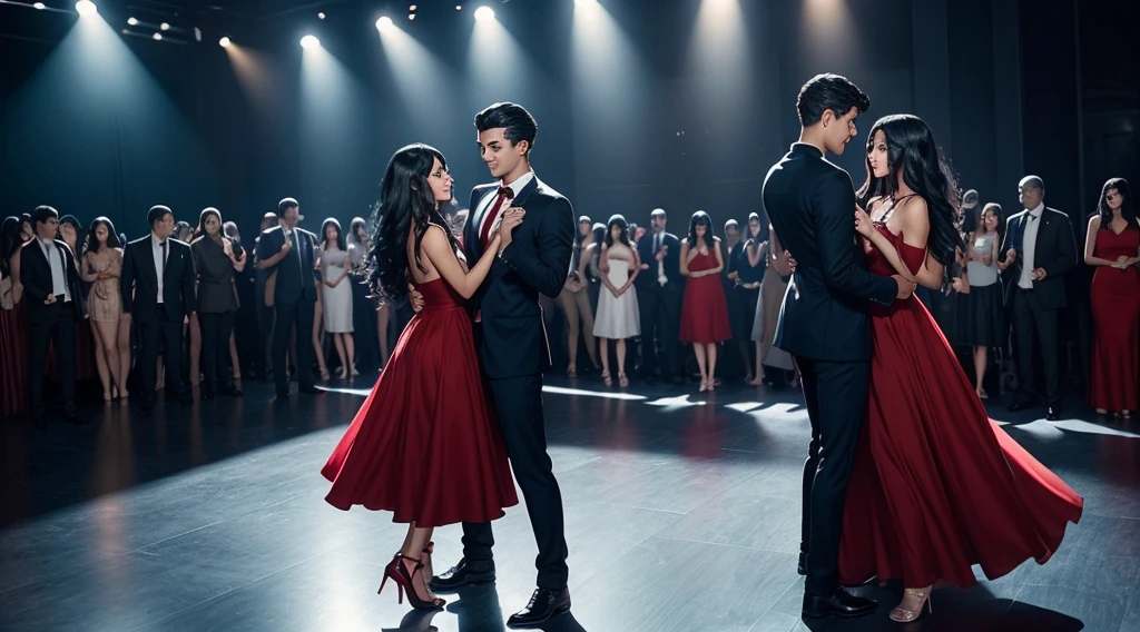 A teenage girl in a long red dress and with long black hair and slightly olive skin dancing with a teenage boy in a dark blue suit with short black hair and light skin. A party background with chic decor. Uma imagem ultra realista, just the two in the image and with the closest couple in the image.