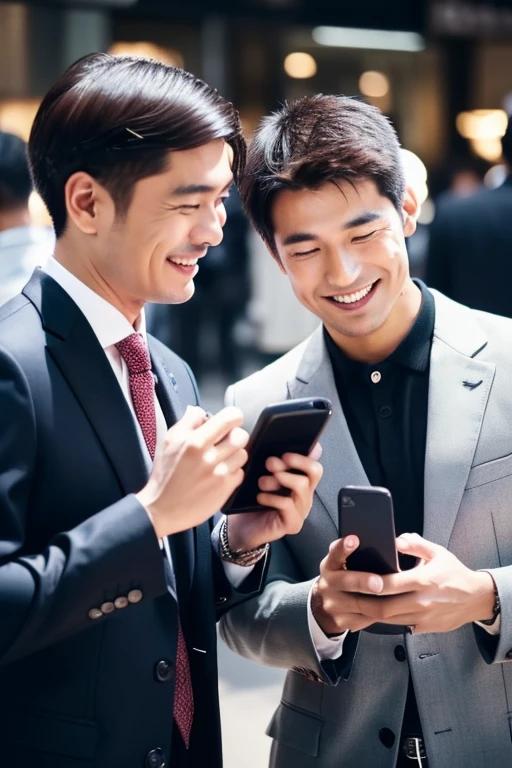 Handsome smiling man looking at smartphone x2,Japan 30-year-old male,There are 2 people,I have a smartphone,wears a suit,2guys,close,combi