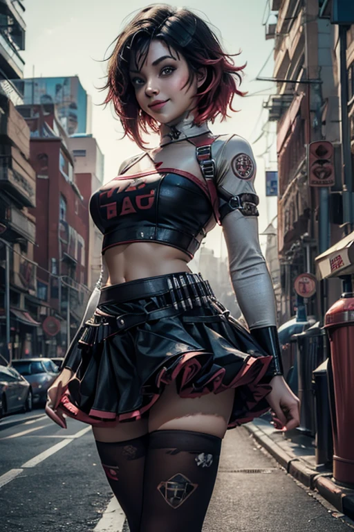 (masterpiece, best quality:1.2), solo, 1girl, mistralrose, cowboy shot, looking at viewer, t-shirt, skirt, pantyhose, thighhighs, cyberpunk city background