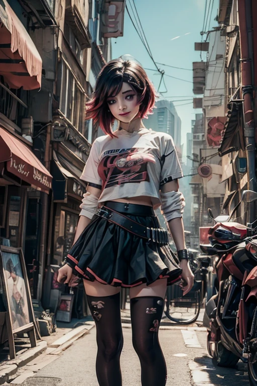 (masterpiece, best quality:1.2), solo, 1girl, mistralrose, smile, looking at viewer, t-shirt, skirt, thighhighs cyberpunk city background