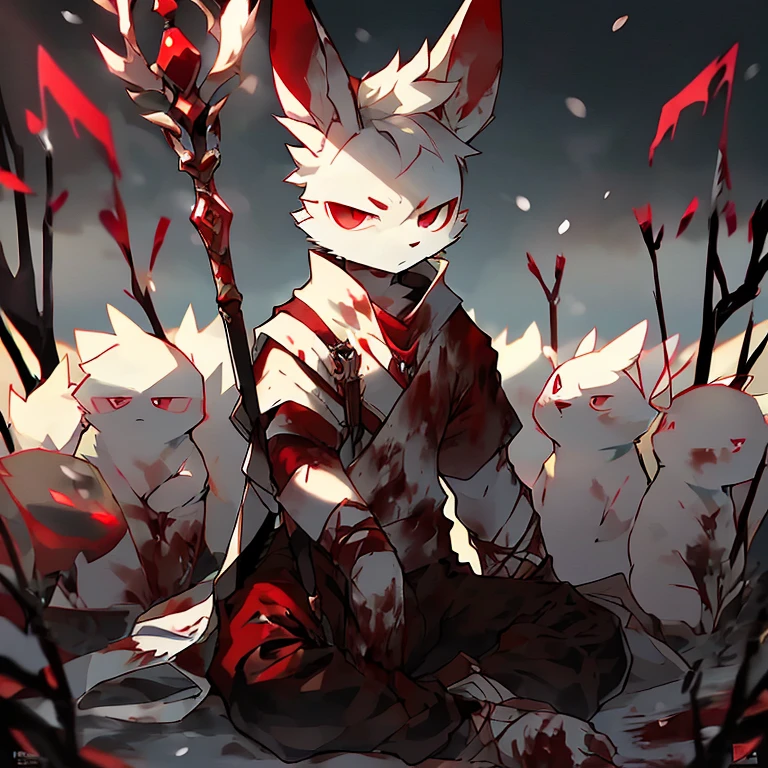 ( male white bunny) ( forest cover in snow ) ( body covered in blood) ( death glare ) ( sitting ). (Black pants with red symbol on it ) (red eyes ) ( staff in the Snow) ( red eyes surrounded him ) ( emotionless in the eyes) ( wiping the blood off his face with his arm) ( detail)