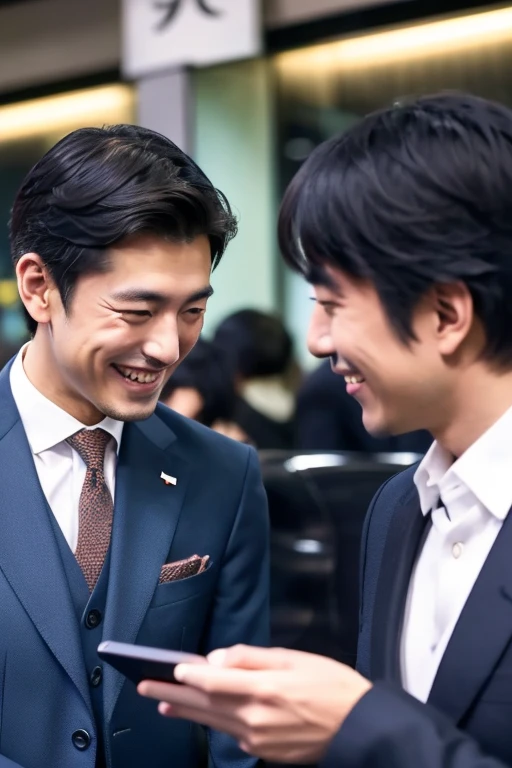 Handsome and smiling Japanese man looking at his smartphone x2,There are two 30-year-old Japanese men.,I have a smartphone,wears a suit,2guys,close,combi