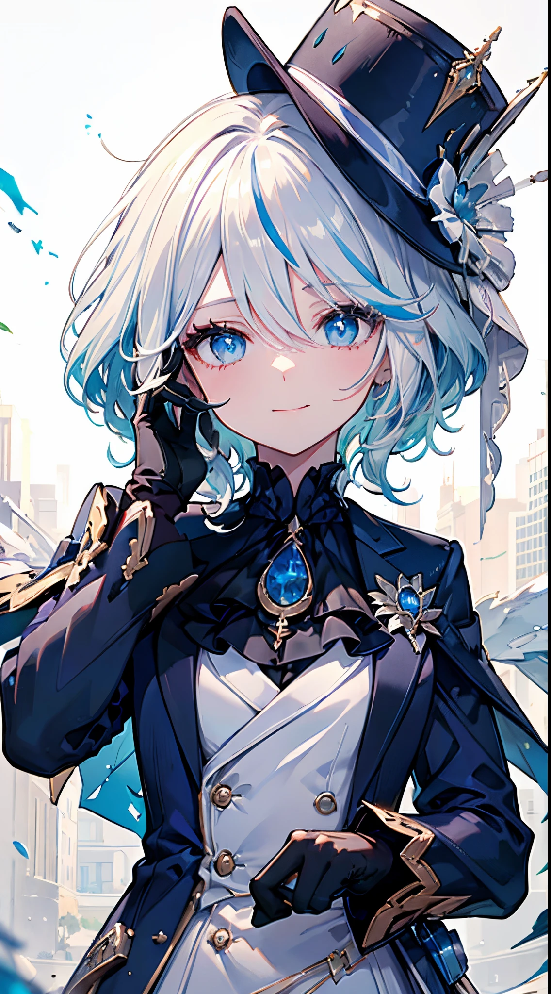 (best quality, 4k, 8k, highres, masterpiece:1.2), ultra-detailed,shading, 1girl, furina, smile, short hair, blue eyeackground, gloves, long sleeves, hat, white background, hair between eyes, jewelry, closed mouth, blue hair, jacket, ahoge, white hair, black gloves, streaked hair, ascot, brooch, blue headwear, blue gloves,white hair, upper body,