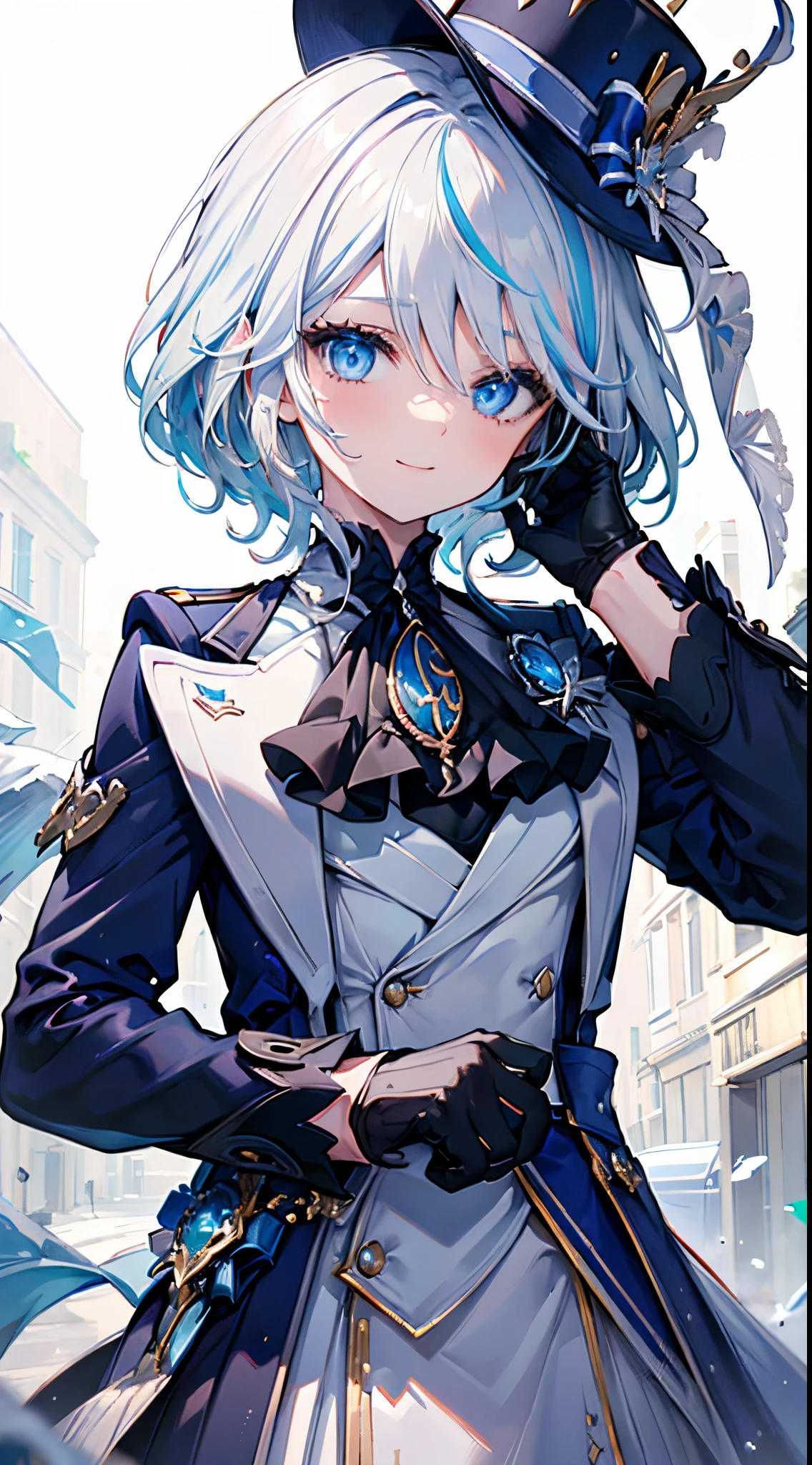 (best quality, 4k, 8k, highres, masterpiece:1.2), ultra-detailed,shading, 1girl, furina, smile, short hair, blue eyeackground, gloves, long sleeves, hat, white background, hair between eyes, jewelry, closed mouth, blue hair, jacket, ahoge, white hair, black gloves, streaked hair, ascot, brooch, blue headwear, blue gloves,white hair, upper body,