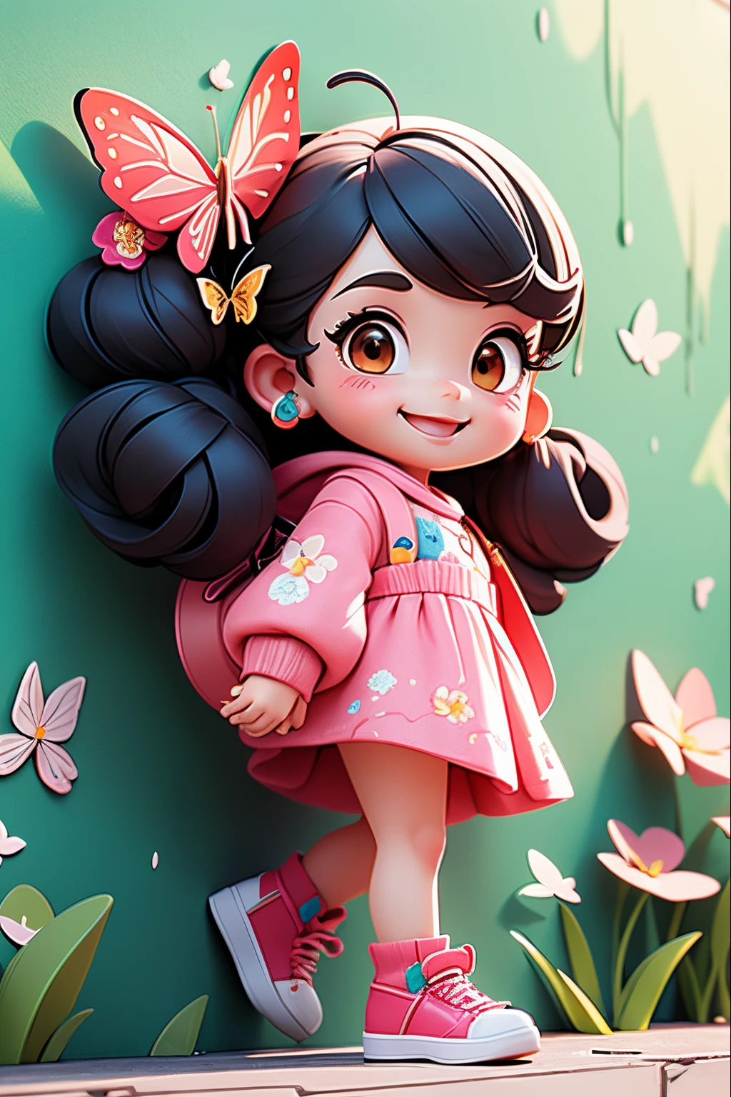 there is a wall in the background、beautiful pictures are painted on the wall,   A cute girl is walking in front of the wall、Smile,  Walking ,Cute shoes、 Super detailed eyelid paint、Splash、Floral hair ornament、butterfly hair ornament、Taken from the side