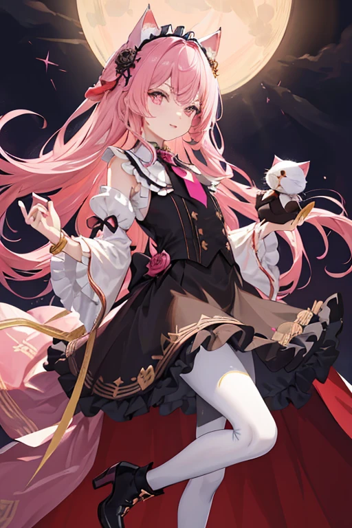 （（tmasterpiece：1.4，Best quality））++，（hyper-detailing）+，（Best quality，hyper-detailing，vibrant with colors，rich colourful，dynamic angle，hight contrast：1.2），A loli，Height about 142cm，short，Dark loli attributes，Has cat ears and a cat tail，dark pink rose（symbol），Long pale pink hair，Dark pink highlights，Tie the ends of hair，European clothing，Ethereal eyes，European dress（Dark pink）（Nero，blanche，Dark pink and gold lace, etc.）（（Dark pink rose flower decoration）），playingcards（symbol），Princess dress，short- sleeved，No shoulderlack bow with gold lace and dark pink rose flower headdress plus a small golden crown（Inlaid with diamondlack lace bracelet，Holding a cat doll in hand（micro horror element theory，face expression，leslack lence black pantyhose，Booties。European，circus，playingcardagister，delicated face，exquisite facial featurerom below：0.5）， Fashionab， with dynamism， garments， posing on a， frontage， rich colourful， dyna， Background with， element in， self-assured， Expressing the， statement， fittings， A majestic， coil， Runt， Scenes， Cover of a， boldness， attention-grabbing， Fashionab， typeface， Catchy， attention-grabbinodern day， Fashionab， focal， Fashionab，the night，themoon，stage，performance，A huge scene，lamplight