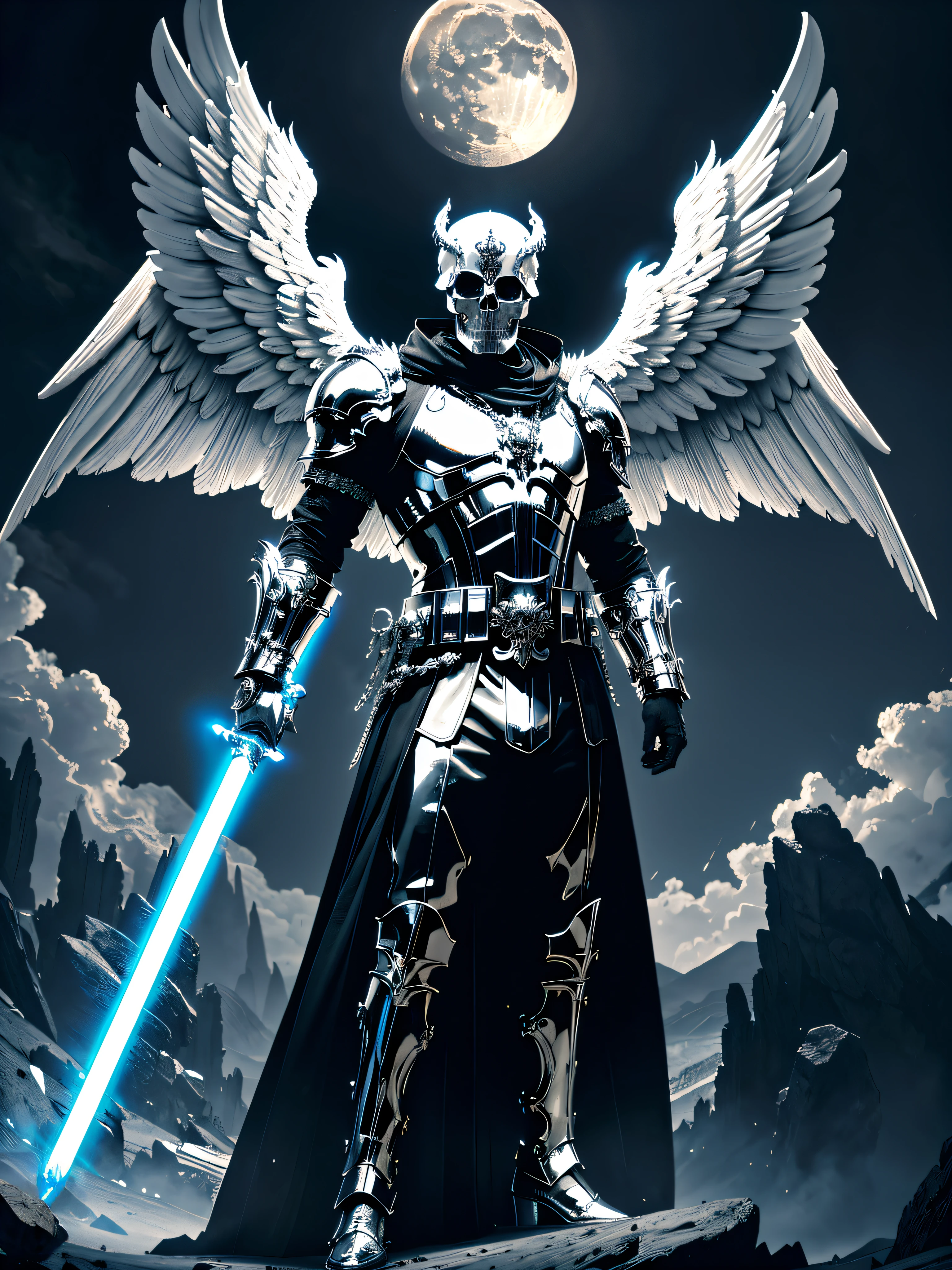 Skull head angel king huge white wings, ultraviolet lightsaber in his hand, ornate chrome pauldrons ornate chrome gauntlets ornate chrome chest armor, Epic character legendary persona dynamic action pose standing on a mountain overlooking a valley flooded with fire beautiful moon clouds celestial sky ((best quality)) ((masterpiece)) intricate 8k highly detailed realistic photorealistic Centered, archangel, cyborg wing, the angel of death with a ultraviolet halo, epic fantasy sci fi illustration, sci fi epic digital art, unreal engine 4k wallpaper, epic angel wings, the angel of death.