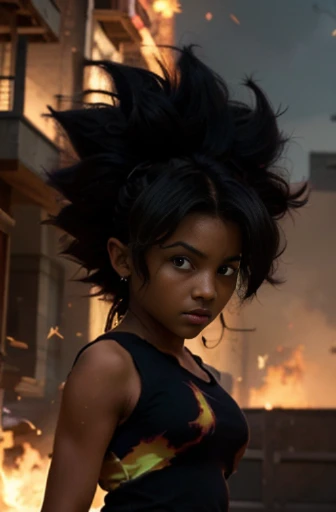 girl, darkskin girl, brown ???, hair till shoulder, hair like goku, dragon ball, goku, vegeta, anime, cartoon, black ???, young, big hair, Super Saiyan hair, hair like Super Saiyan 2, loading power, fighting stand, angry, fire in hands, building background, name cindy
