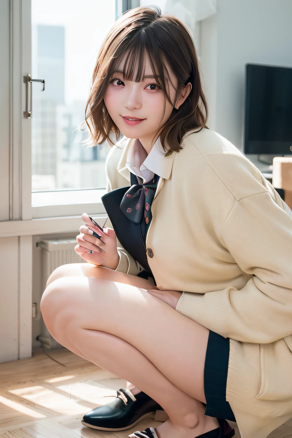 1 girl, 一人in,(highest quality),(masterpiece:1.1), whole body, looking for_in_viewer, dynamic angle, school uniform, cute, beautiful facial skin,