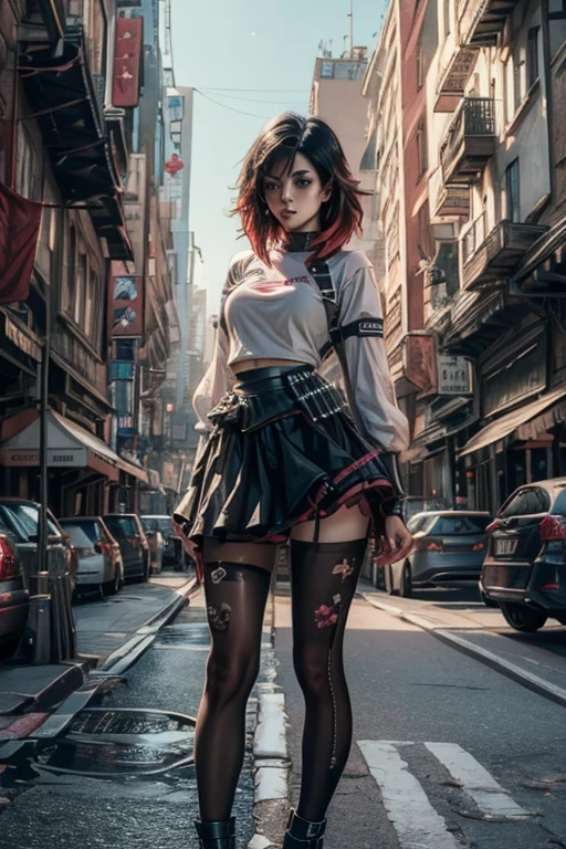 (masterpiece, best quality:1.2), solo, 1girl, mistralrose, beautiful, looking at viewer, t-shirt, skirt, pantyhose, thighhighs cyberpunk city background
