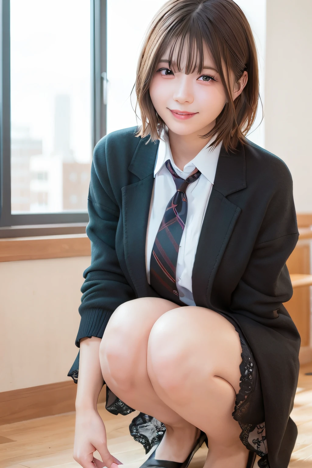 (RAW photos, highest quality), (Realistic, Photorealistic: 1.3), masterpiece, very delicate and beautiful, very elaborate, CG, Unity, 2K wallpapers, wonderful, fine, bright smile, very elaborate CG Unity 8K wallpapers, huge file size, ultra high definition, high resolution, absurdity, soft light, ((Short hair: 1.3), short bang, Silver hair, floating hair novafrog style), beautiful girl in detail, fine fingers, very fine eyes and face, beautiful nose in detail, beautiful eyes in detail, long eyelashes, shining light on face, looking at the viewer, (with mouth closed: 1.2) 1 girl, cute, young, mature face, (full body: 1.3) realistic face, realistic body, slender beautiful thighs, ( ulzzang-6500-v1. 1:0.8) Business suits, cross lace clothes, collared shirts, open clothes, office, open cardigan, black thighs,