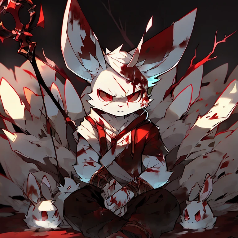 ( male white bunny)   ( forest cover in snow  )  ( body covered in blood) ( death glare  )  ( sitting )   (Black pants with red symbol on it )   (red eyes ) ( staff in the Snow) ( red eyes surrounded him ) ( emotionless in the eyes) ( wiping the blood off his face with his arm) ( detail)  ( Dead body )