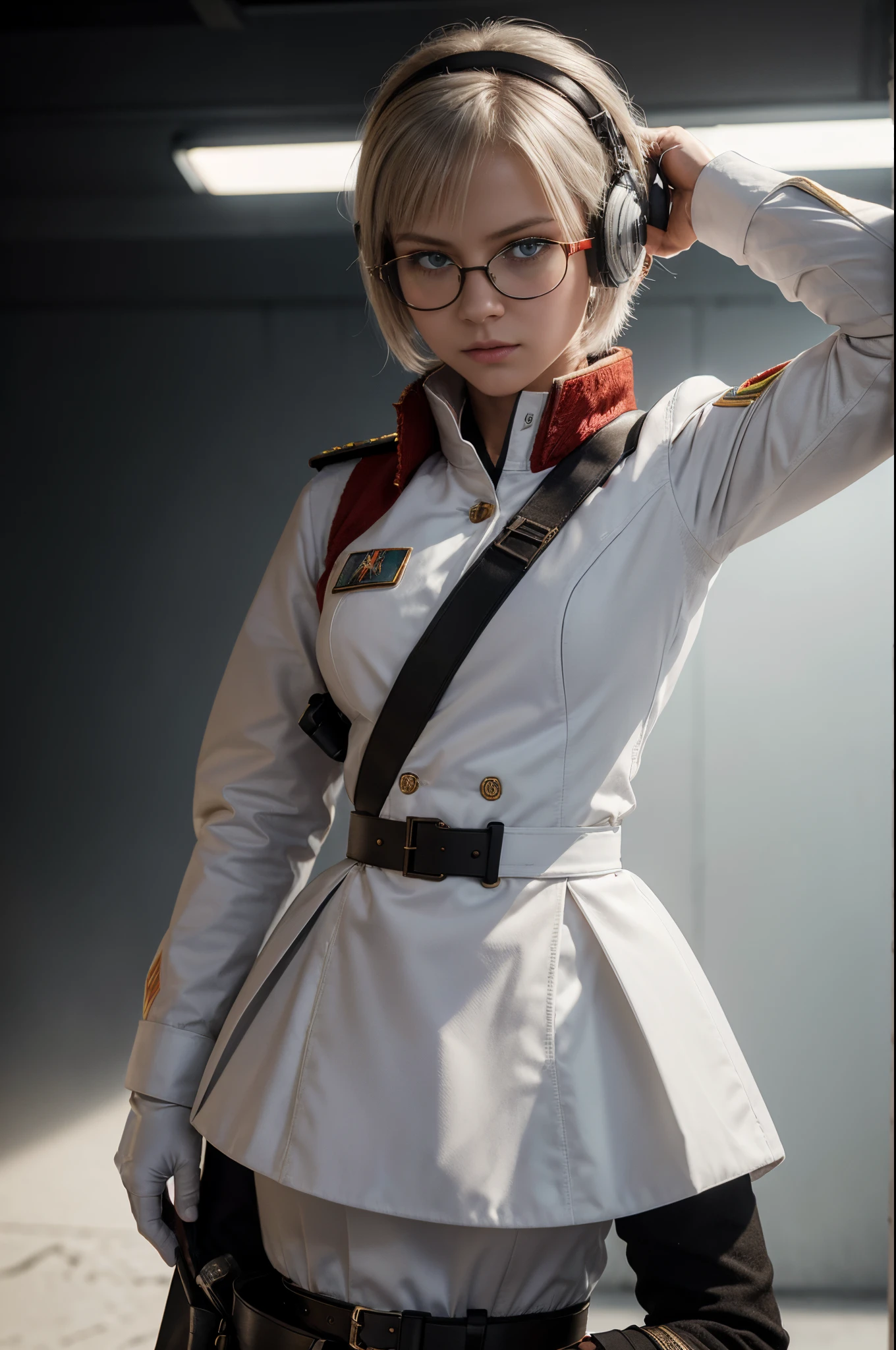 tmasterpiece , one girls, on battlefield, ( Light White Shorthair:1.2), (red eyes:1.2), (Russian military uniform:1.2), (looking at viewert:1.2) , (8K, Best Quality 1.2), ultra - detailed, 8K Ultra High Definition, gentlesoftlighting, hightquality, film grains, beautiful ilumination, Cinematic ,perfect body type , The best lighting, The best shadow, sharpness, In contrast, reddish glasses, dishevled hair, Tactical Vest, mitts, ear phone, Absurd high detail face