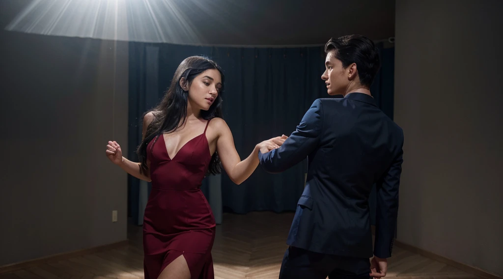 A teenage girl in a long red dress and with long black hair and slightly olive skin dancing with a teenage boy in a dark blue suit with short black hair and light skin. Uma imagem ultra realista.
