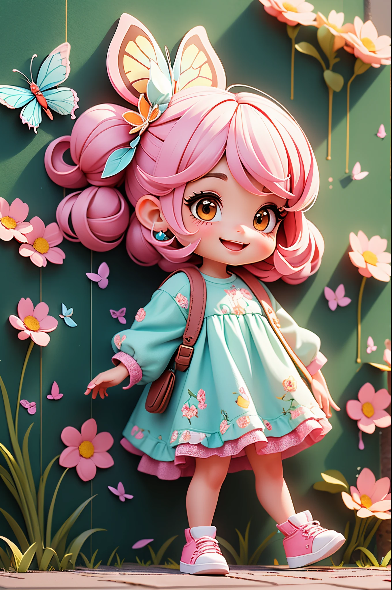 there is a wall in the background、beautiful pictures are painted on the wall, A cute girl is walking in front of the wall、Smile, Walking ,Cute shoes、 highly detailed eyelid painting、Splash、Floral hair ornament、butterfly hair ornament、Taken from the side