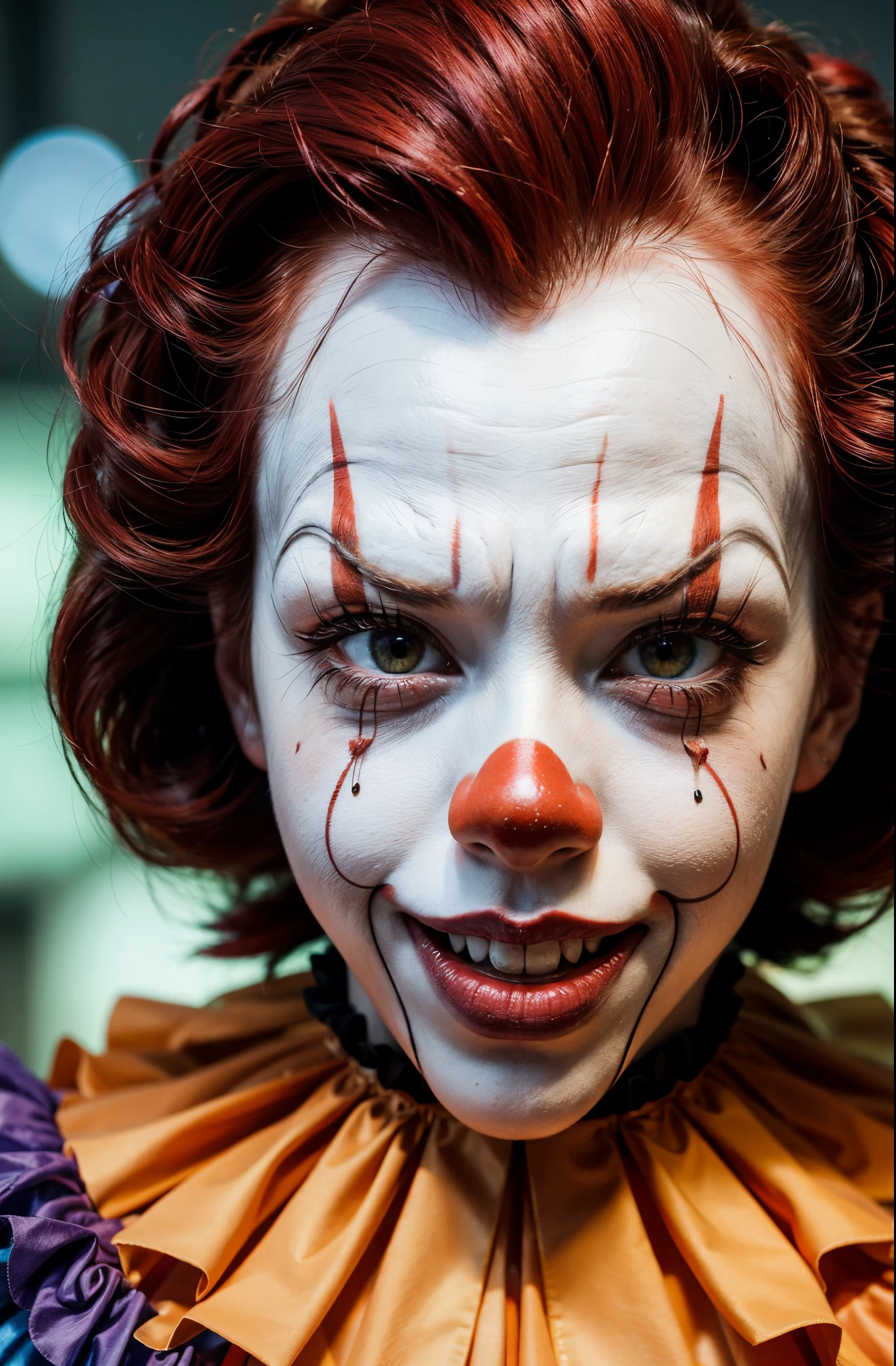 Red-haired, white-faced female clown, Scary clown., Accurate Clown Makeup, Pennywise style, closeup portrait shot, captured on canon eos r 6, (Beautiful face details), intricate detailed, Portrait of a female man, very high details, Realistic photos, 8k, UHD, hyperdetailed, (Dynamic Poses:1.4),