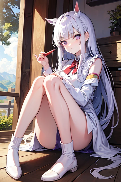 Silvery-white emanation,dual horsetail,calm face,Be red in the face,purple pupils,Wearing white knee-length jk clothes,Sit on your knees,Pouting