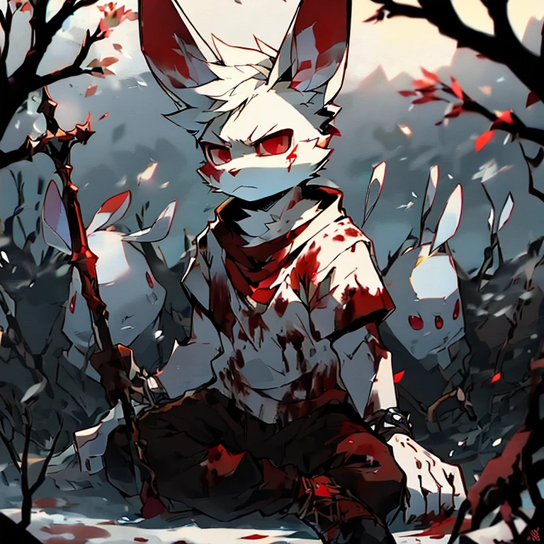 ( male white bunny) ( forest cover in snow ) ( body covered in blood) ( death glare ) ( sitting ) (Black pants with red symbol on it ) (red eyes ) ( staff in the Snow) ( red eyes surrounded him ) ( emotionless in the eyes)
( detail) ( Dead body ) ( skulls)