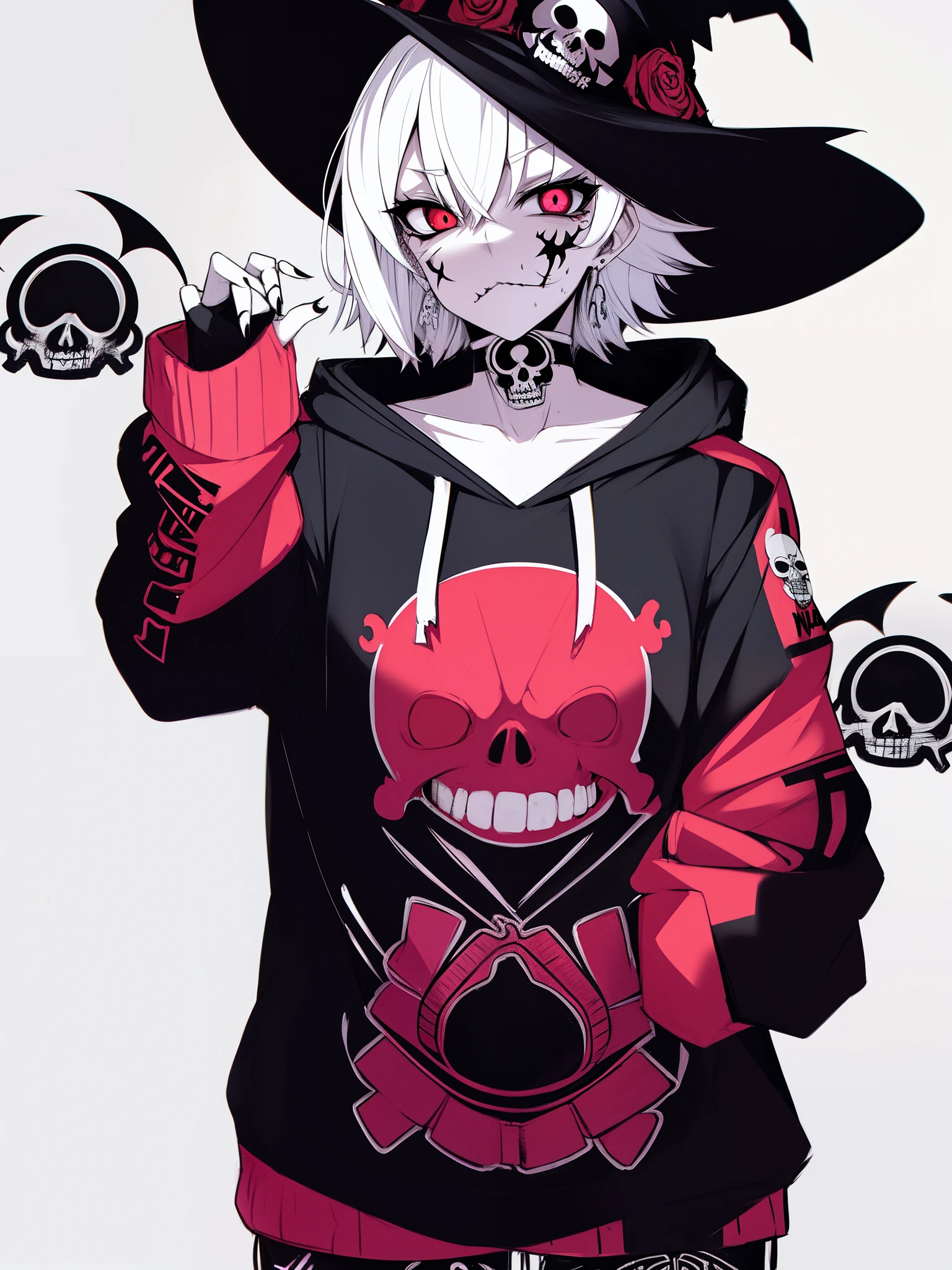 anime zombie witch design, Crossbones, Calavera, Streetwear Design, Provector, Horror style, Full Design, Only 6 colors, solid color, No shadows, Full Design, a sticker, Bright colors, White background.