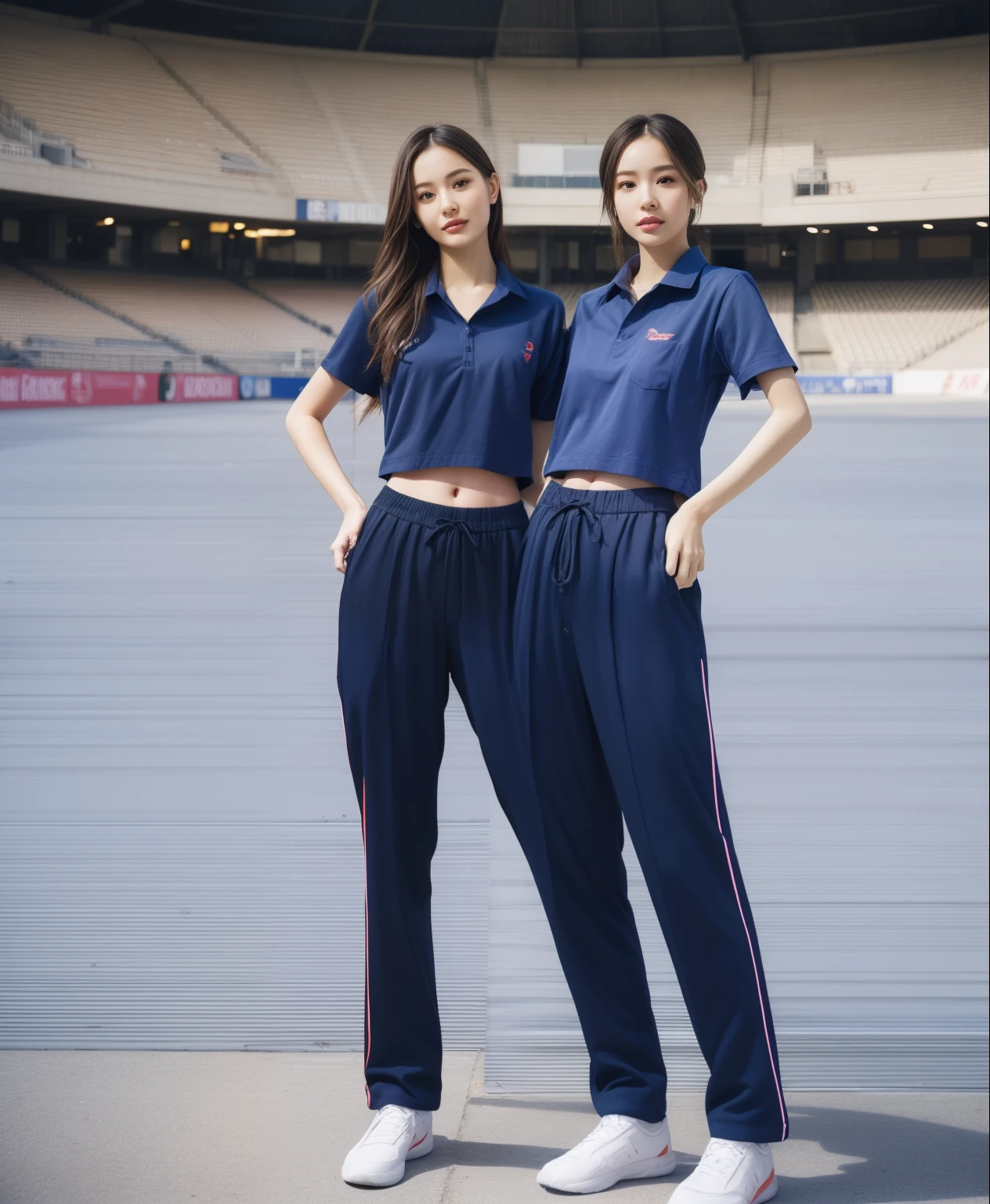 (bestquality,10,10,highres,masterpiece:1.2),ultra-detail,(Realistic,photorealistic portrait,photo-realistic:1.37),1 Cute girl in the football field,oily shiny skin,bara,light smile,BDclothelue shirt:1.3)),short sleeves,shirt, trousers.,(navy_long_Pants Track:1.1), ((Stadium Background:1.3)),dynamic angle,excited,face focus,Dynamic Poses,from behide,Ass Focus,masterpiece, bestquality, ultra realistic, hyper-detail, 8k resolution, RAW photo, crisp focus, ((Navy blue shirt:1.1)), short sleeves, Long Path, Perfect body, 2 mature women, 18yo, cinematic light,Blue sweatpants,Gymware,Correct anatomy,Complete body, Correct body, sharp face, Anatomically correct body, full entire body, Realistic gestures, long-haired, Realistic poses,Wear long shorts........................................,Long leg span,Shapely,Sculpting Girl, Slender Figure, mannequin mannequins, Shapely, Beautiful body,Blue sweatpants, Two girls kissing