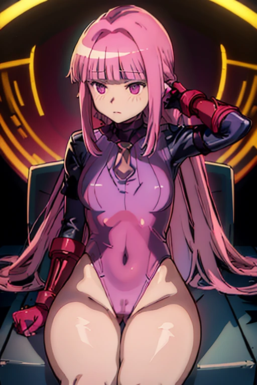 Masterpiece, Best Quality, Highly detailed, illustration, absurdres, street fighter, doll suit, shadaloo doll, girls, multiple girls, expressionless, blank eyes, red gloves, emotionless, black latex, corrution, mind control, female combatant, full body, hypnotized, happy trance, full body suit, leotard, perfect female body, extremely glossy latex, hypnosis, hypnoLora, empty eyes, Mind control device, thigh high, poses, submissive_pose, visor, sitting, Slave, collar, gang bang, haigure, slave oufit,rubber bodysuit, black lipstick, lipstick, hat, sexy pose, latex bodysuit, headset, ahegao, sitting, helmet, wires, tubes, covered face, bdsm, tied to chair, highres, pink_hair, pink_eyes, bangs, blunt_bangs, braid, sidelocks, blush, bow, long_hair, hood_down, Tamaki Iroha, Puella Magi Madoka Magica Side Story: Magia Record, peace, sign,
