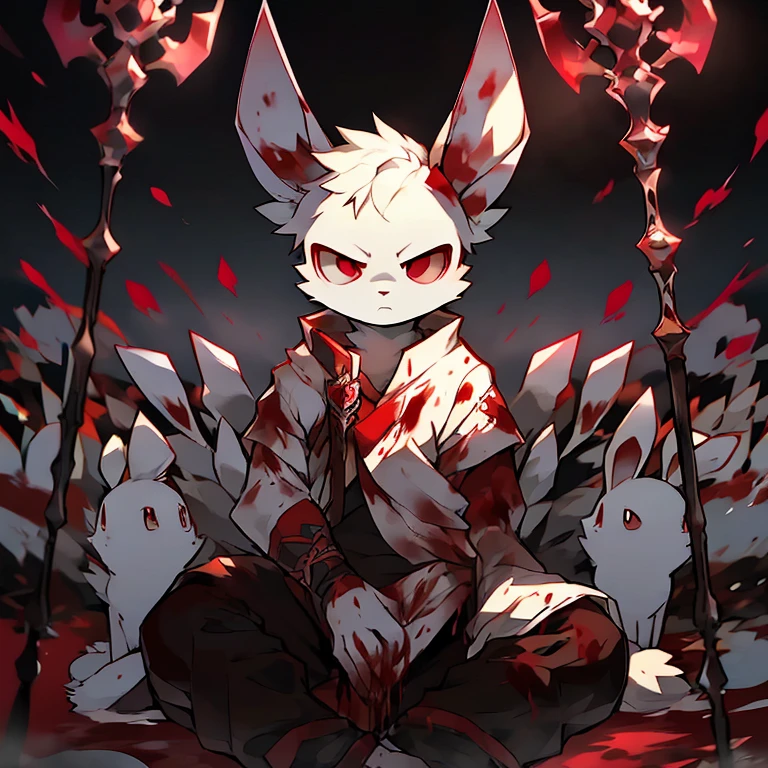 ( male white bunny) ( forest cover in snow ) ( body covered in blood) ( death glare ) ( sitting ) (Black pants with red symbol on it ) (red eyes ) ( staff in the Snow) ( red eyes surrounded him ) ( emotionless in the eyes)
( detail) ( Dead body )