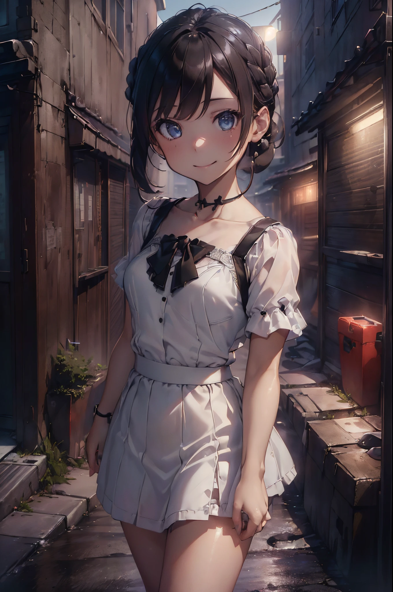 ((Photorealistic lighting, quality, 8K, tmasterpiece: 1.3)), 1 sister, (Hairstyle Casual, : 1.1), The face is super delicate, Elaborate Eyes, 二重まぶた, ssmile,Look at the audience, (White thin strappy blouse)), ((a black short skirt)),(alleys), daoshi,