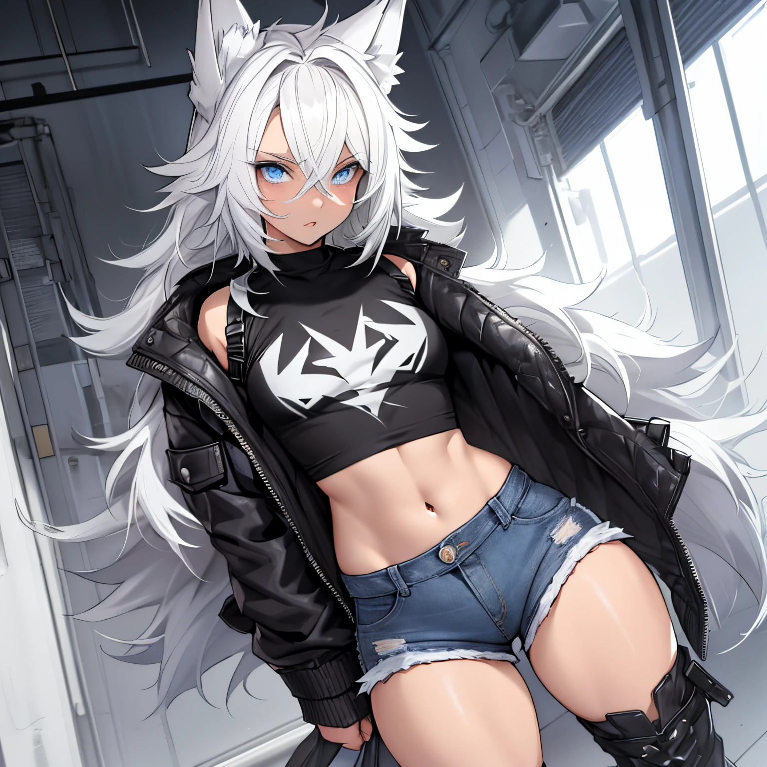 Single boy, Anime Femboy, Short, Long white hair, wolf ears, wolf tail, blue eyes, wearing short denim shorts, thigh high fishnets, black combat boots, wearing fur lined open jacket, flat chest, super flat chest, wearing cropped t-shirt, solo femboy, only one femboy ((FLAT CHEST)) solo, alone, (SOLO)(ALONE) thicc thighs, wide hips, blue eyes, perfect eyes, perfect face, pouty lips, happy