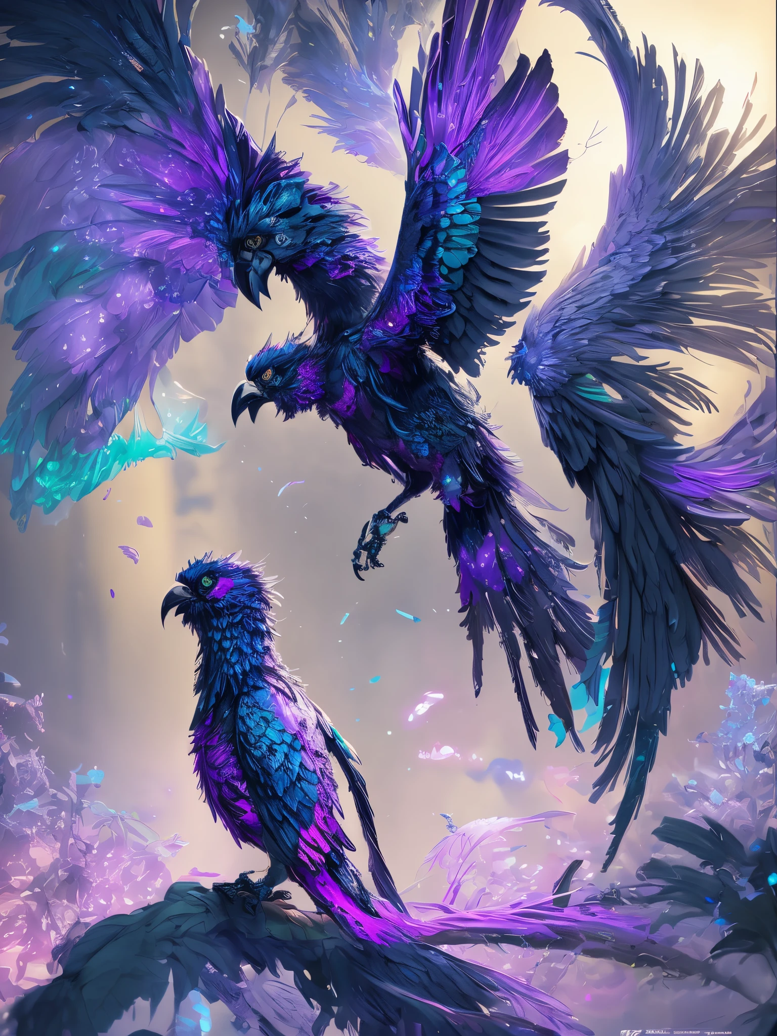 Ultra realistic digital painting of a purple mecha raven with neon blue bioluminescence, translucent materials, intricate machinery, metallic plating, glowing biological components, flying through city at night under moonlight, colorful, drawing, painting, sharp crisp lines, highly detailed, smooth textures, tone mapped, concept art, digital art, artstation, by Gregory Rutkowski.