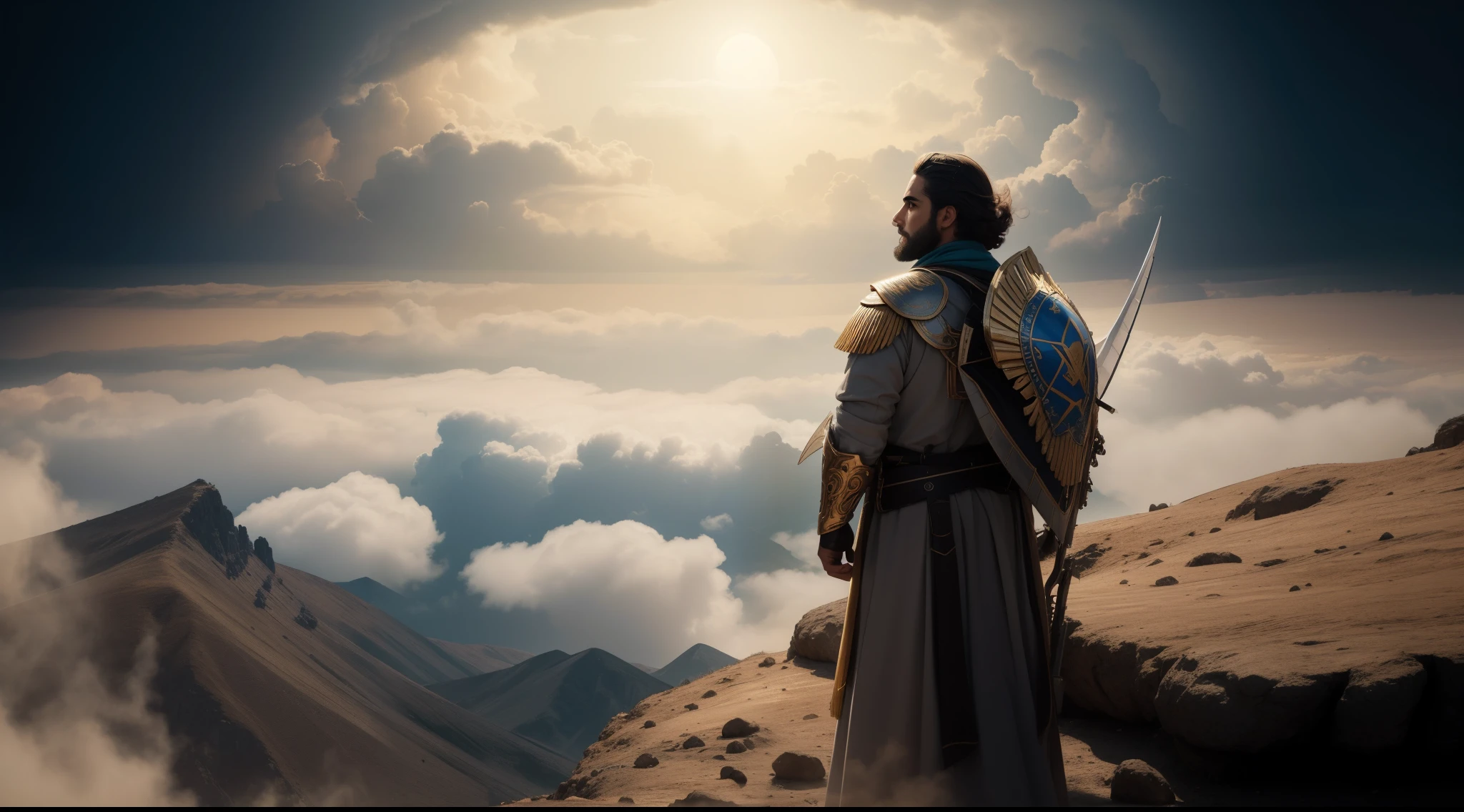 anjo masculino de deus, anjo masculino, The angel of God's army, Golden Army, Rosto detalhado, army, face sem defeito, Surrealista, Surrealismo, Normal face, barba cheia, barba grande, tempestade, Towards the Heavens, celestial, divino, fotorrealista, renderizado, 4k, 8k, texturas detalhadas, sombras detalhadas, decente, cores detalhadas, anjo masculino de deus, Contraste realista, Texturas fotorrealistas, cores detalhadas, cores realistas, sombras detalhadas, Rosto Luminoso, Eletricidade, Rosto detalhado 4k, Ultra detalhado, contraste 8k realista, nitidez detalhada, cores Ultra HD, Elegante, armadura, hebrew,