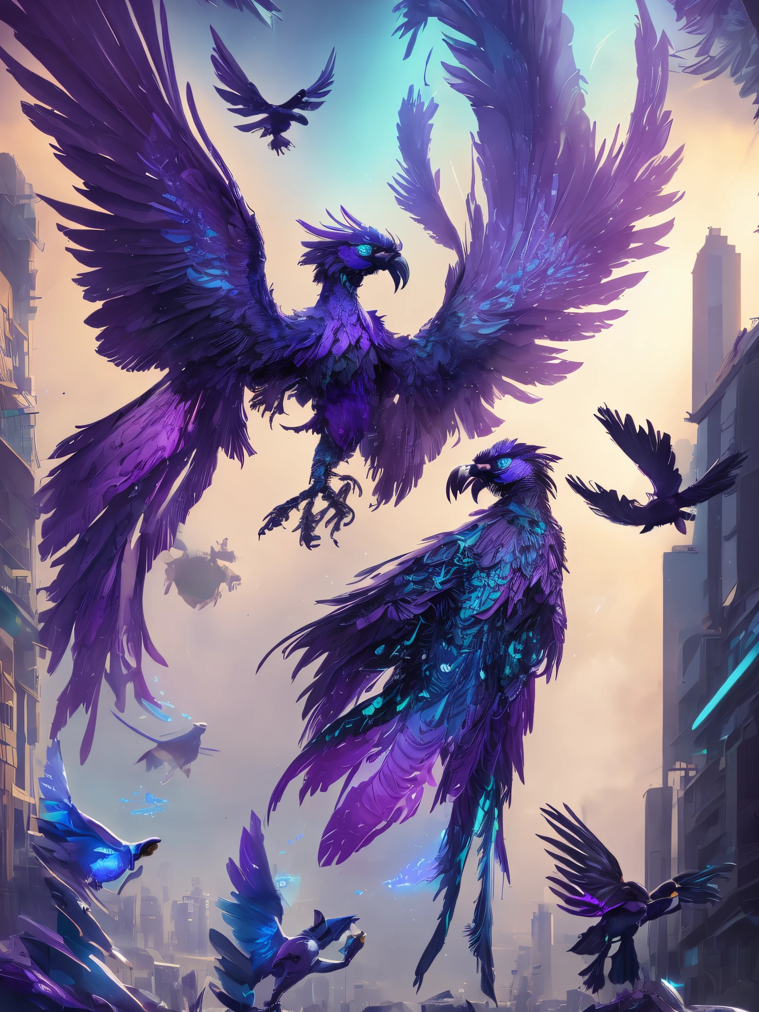 Ultra realistic digital painting of a purple mecha raven with neon blue bioluminescence, translucent materials, intricate machinery, metallic plating, glowing biological components, flying through city at night under moonlight, colorful, drawing, painting, sharp crisp lines, highly detailed, smooth textures, tone mapped, concept art, digital art, artstation, by Gregory Rutkowski.