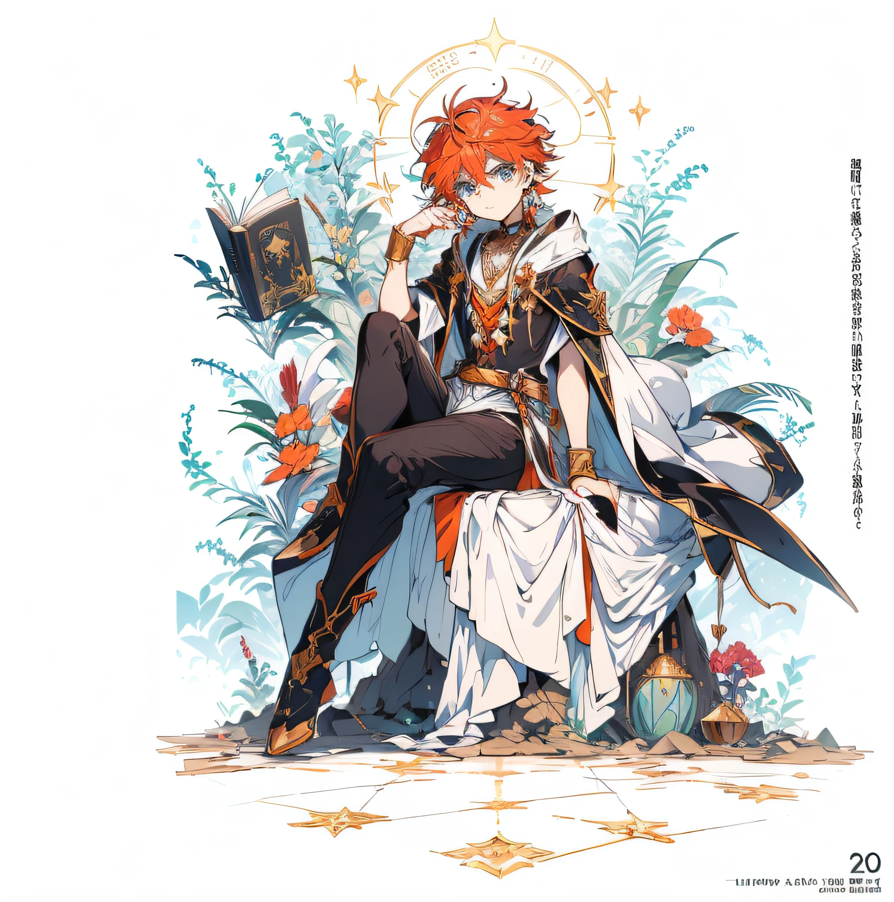 ((tmasterpiece, Best quality at best)), Detailed faces, character design sheet,male people, Very detailed fantasy style,golden caramel,Extremely beautiful,Natural soft light,Star decoration,curator,Male Shota,shota,magic book,Gorgeous special effects,priest decoration,flashy clothes,orange color hair,proportions are correct