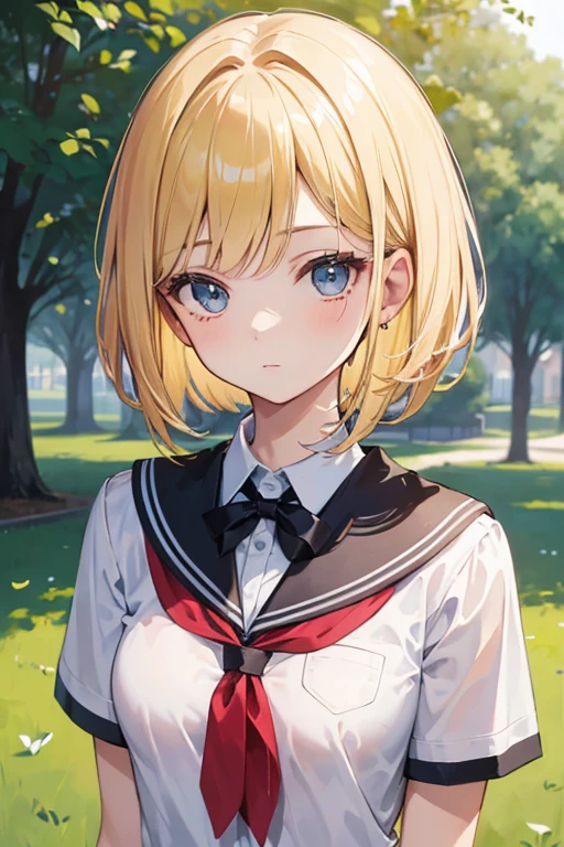 masterpiece, best quality, 1girl, detailed face, long bob cut, blonde hair, wearing school uniform, at park, upper body, standing, from front,