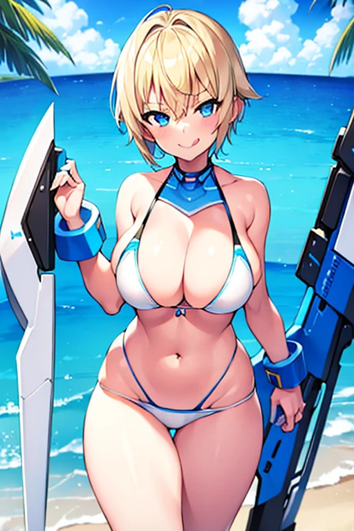 1girls, beach, bikini, white bikini, blue trim, neon trim, sneakers, shoes, tech, scuence-fiction, futuristic, machinery, smile, tongue out, tongue, blonde hair, very short hair, blue eyes, breasts, large breasts, wide hips, thick thighs, smirk, smug, pixie cut, tomboy