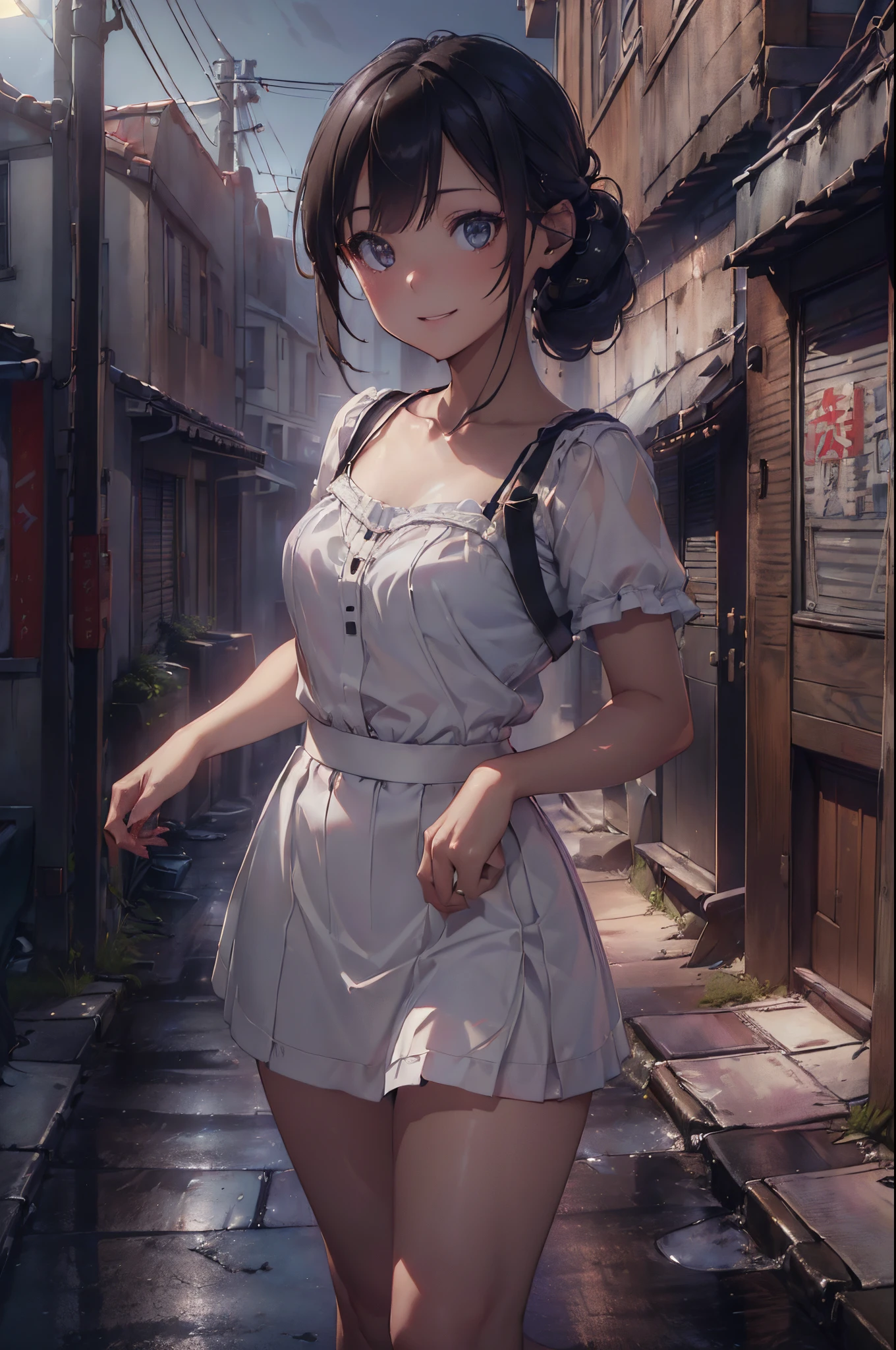 super fine illustration, vibrant colors, absurdres extremely detailed CG, 8k wallpaper, glare, Hong Kong backstreet, night, (upper kick), BROWN EYES SHORT HAIR BROWN HAIR DOUBLE BUN BUN COVER BLUE DRESS PELVIC CURTAIN SPIKED BRACELET SASH BROWN PANTYHOSE, 