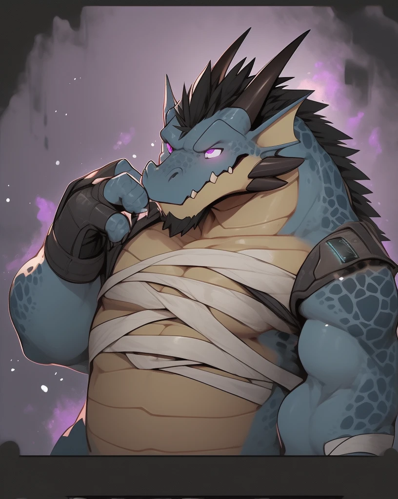 nj5furry, buff dragon anthro, brute, semi sea blue scales with tan skin colored underscales, big snout, two light skin colored horns and simple short black hair, small black eyes with glowing purple pupils, White shirt, black vest over a light grey jacket, Bandages around left shoulder, Fingerless glove on right hand, cumming on self, Hypnotized, "good boy", Vorosuarts2, NSFW, Corruption, solo, ahegao, self-touching privates, blackgoo, gangbang, e621