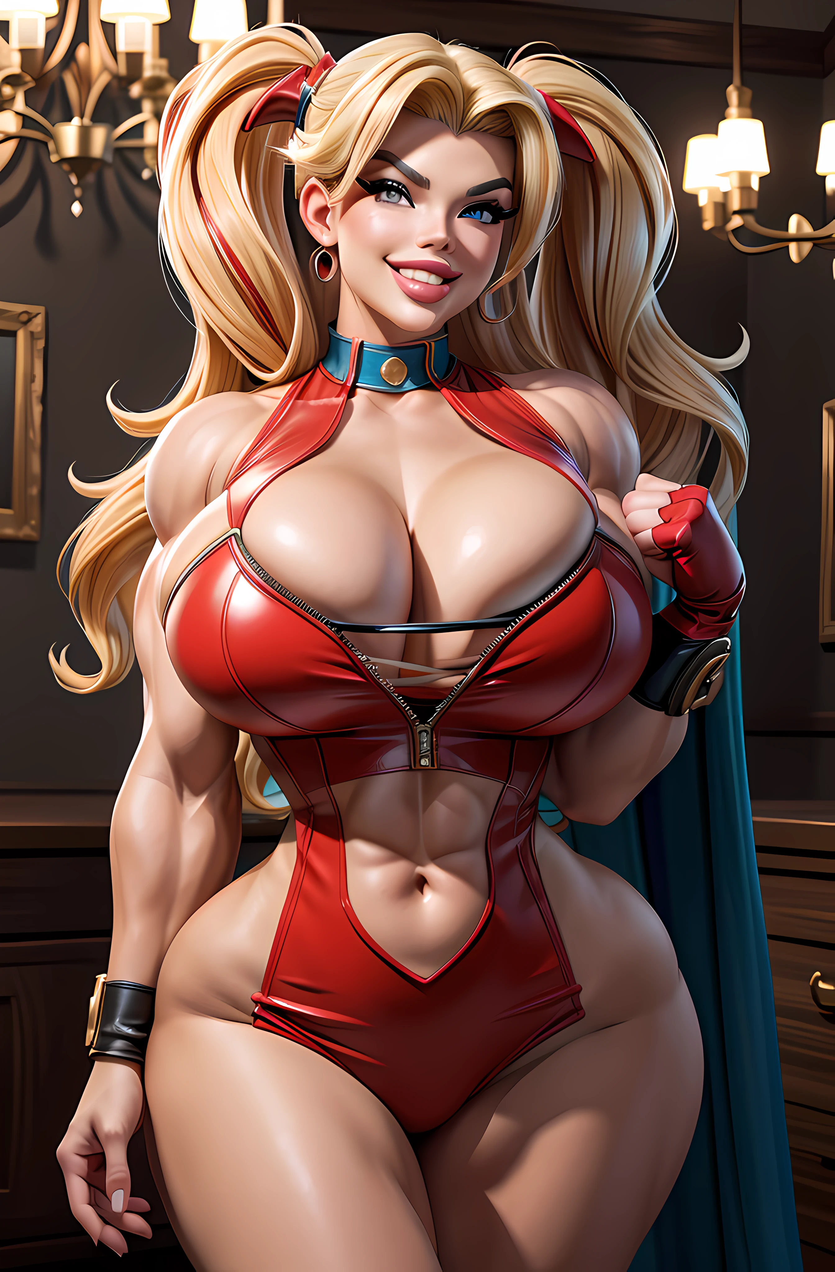 best quality,4k,8k, high res, masterpiece:1.2),ultra-detailed, realistic, photorealistic:1.37, dynamic, action-filled background, bombshell young version of Anna Nicole Smith cosplaying as a sexy Harley Quinn, Hyper fit, incredible shape, fun, charismatic, detailed eyes, detailed lips, beautiful engaging smile, sexy and confident, ((((huge muscles))))