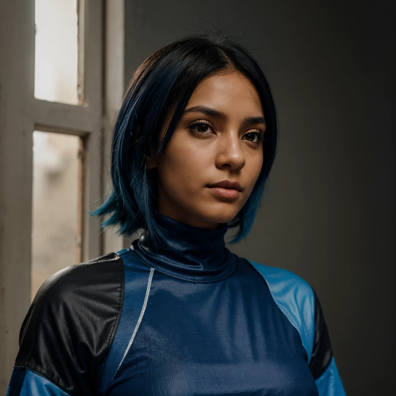 1girl,dark black skin,blue hair,cabelos cacheados, Techwear Obra-Prima, melhor qualidade, Realistic, realismo, vestido azul, retrato, Olhos detalhados, usando hidrocinese, cabelo azulado;, Menina de 21 anos, pose de moda, Meio Corpo, tiro largo, em um castelo, Fantasia