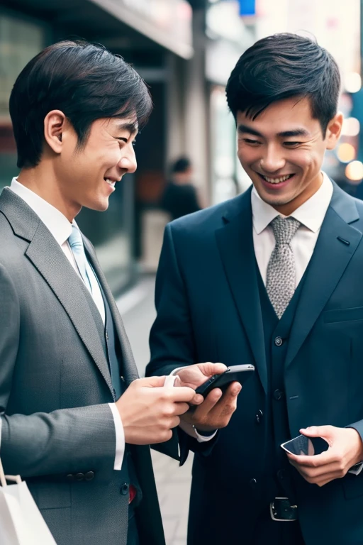 Handsome and smiling Japanese man looking at his smartphone x2,There are two 30-year-old Japanese men.,I have a smartphone,wears a suit,2guys,close,combi